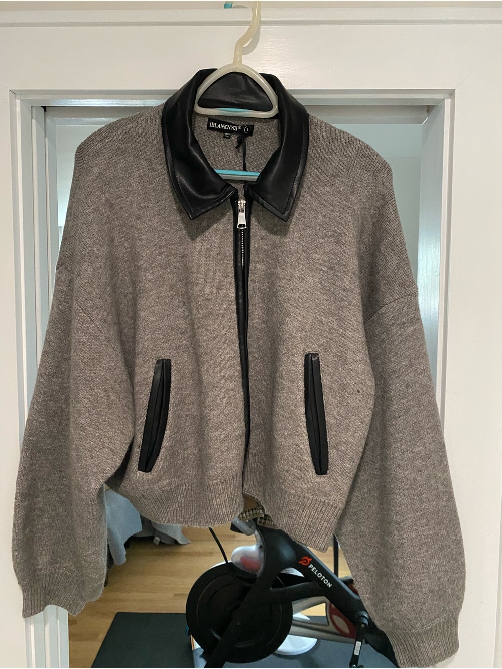 Blank NYC Power Play Gray Knit Bomber Jacket with Black Trim